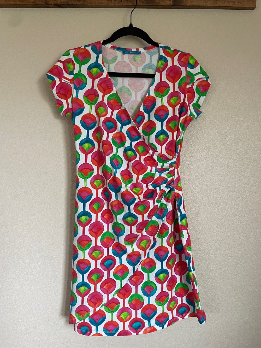 Lien & Giel Faux Wrap Dress L Vibrant Multicolor Asymmetrical Boho Modern Artsy